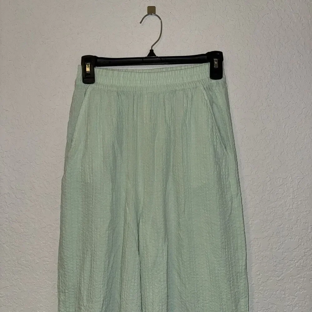 H&M Pants Women's Small‎ Olive Elastic Linen Pant Flat Front Wide Leg Pull-On
